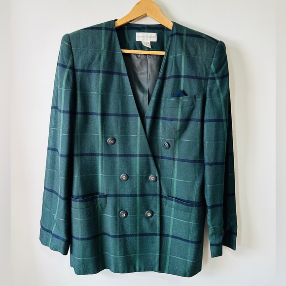 Vintage Green & Dark Navy Window Pane Plaid Double Breasted Blazer Size 10 - Picture 3 of 11
